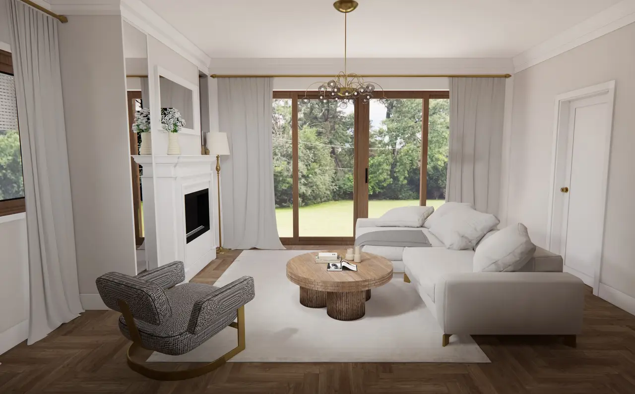 salon klasyczny, bez jasny , drewno, kominek 